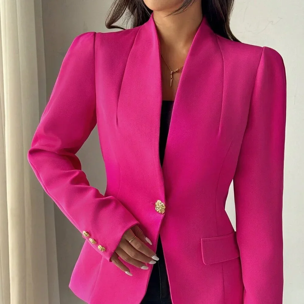 Hot Pink Elegant Women's Solid Single Button Long Sleeve Blazer - Picture 4 of 7
